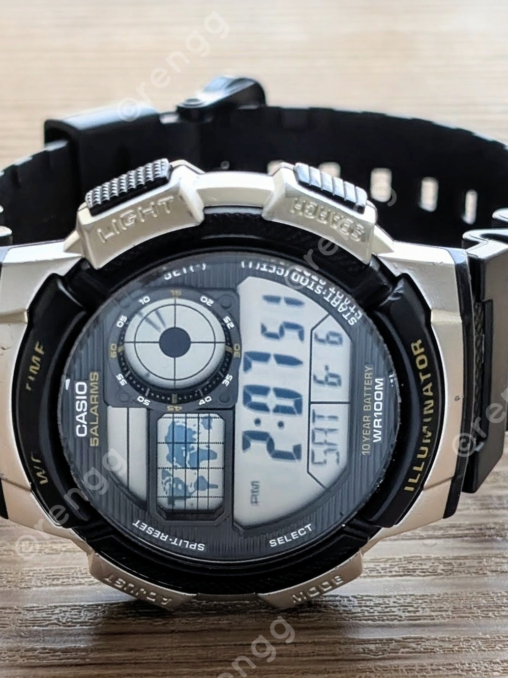 World Time Casio Black and Silver WR 100M Digital Sports Watch - Illuminator